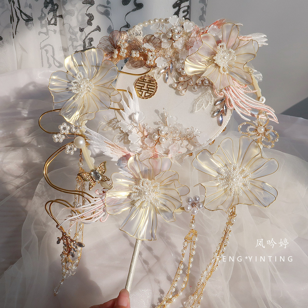 샴페인 컬러 원형 팬 신부 웨딩 DIY 재료 패키지 중공업 웨딩 팬 XIUHE 정장 웨딩 하이 엔드 얼굴 가리개 팬