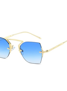 无框多边形金属蓝色太阳眼镜ins
