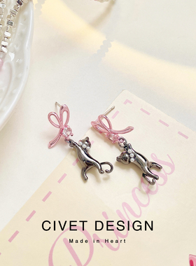 原创黑色猫咪耳环甜酷Y2K辣妹纯银耳钉简约百搭学生无耳洞耳夹女