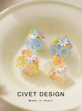 彩色花朵串珠耳环女春夏彩色甜美可爱耳钉超仙森系度假氛围感耳夹