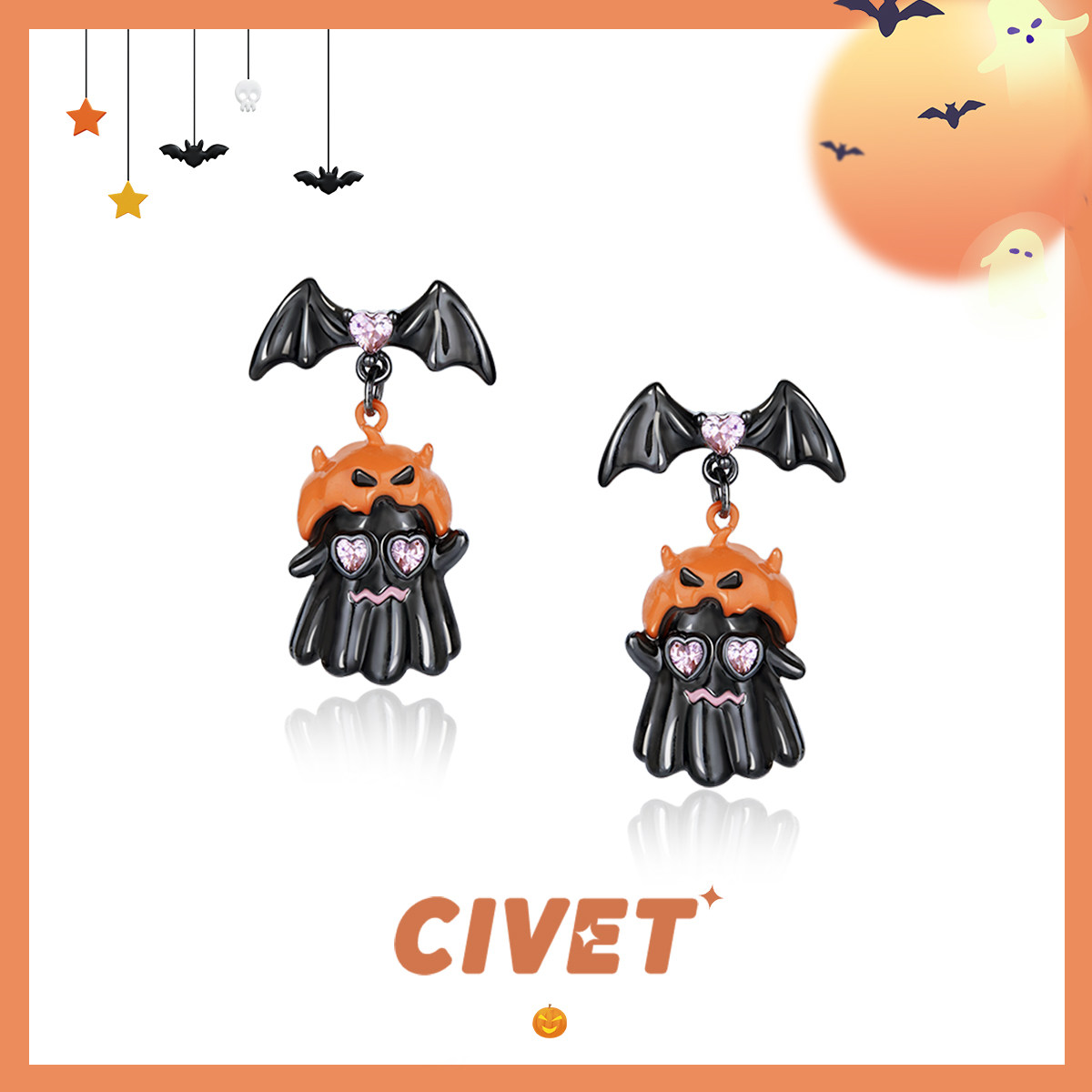 原创南瓜幽灵耳环暗黑系万圣节饰品蝙蝠纯银耳钉简约无耳洞耳夹女