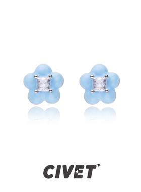 夏日蓝色花花耳环可爱甜美温柔纯银耳钉简约百搭甜酷无耳洞耳夹女