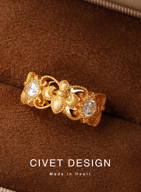 925银镀金中古风拉丝鸢尾花戒指女轻奢复古纯银时尚重工轻奢气质