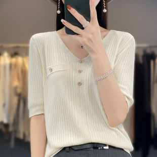 打底衫 反击清仓春夏新款 套头针织衫 女短袖 女宽松毛衣 V领100羊毛衫