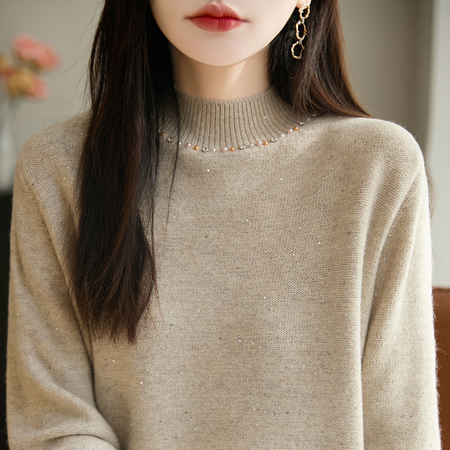 钉珠半高领羊毛打底衫女秋冬新款时尚亮片宽松毛衣气质百搭上衣