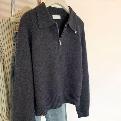 深灰色Polo领半拉链羊毛针织衫女秋冬2025新款翻领小个子毛衣上衣