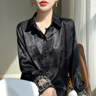 新中式醋酸缎面提花衬衫女2025新款复古国风唐装上衣设计长袖衬衣