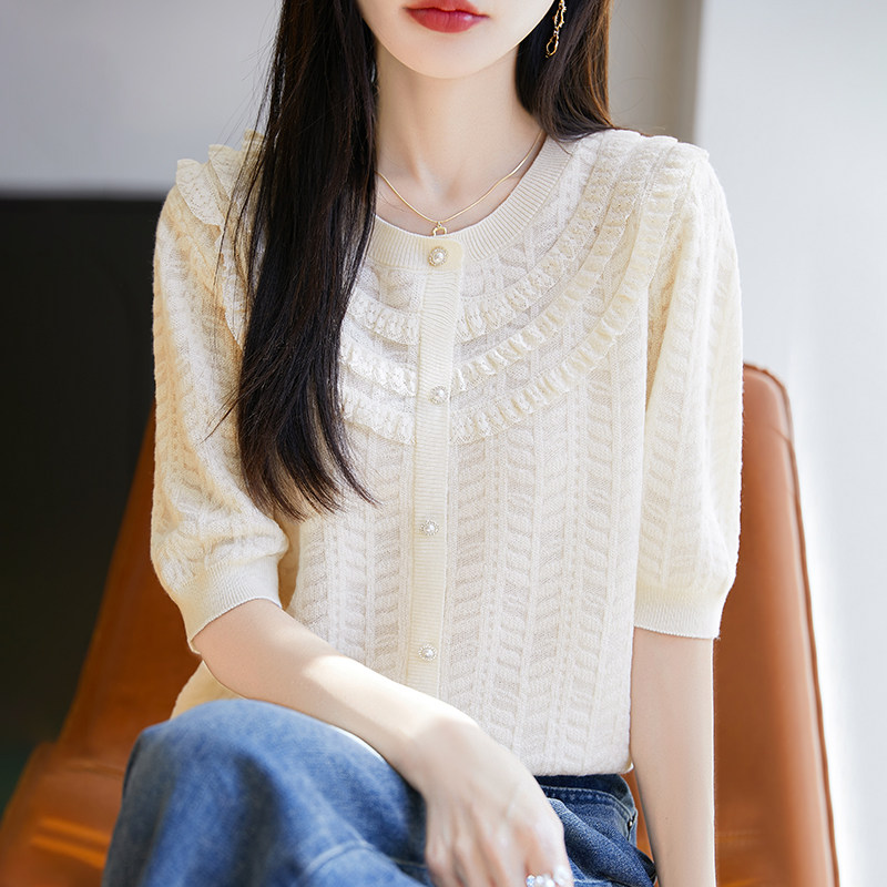 蕾丝半袖开衫t恤女夏季2025新款打底衫洋气大码女装冰丝针织上衣