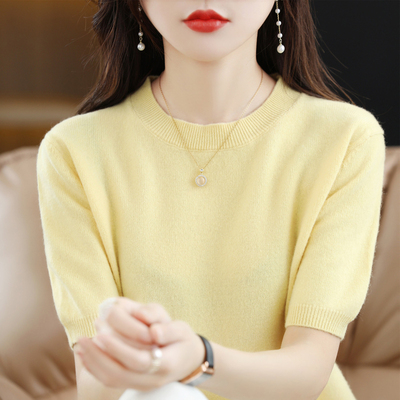 针织短袖女圆领宽松打底衫内搭毛衣2025春秋短款宽松显瘦羊毛上衣