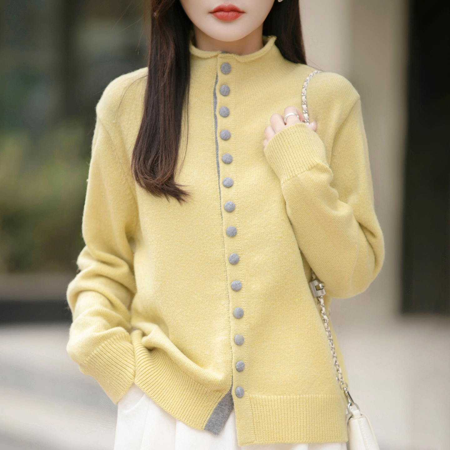 秋冬新款气质立领撞色单排扣毛衣外搭女宽松大码加厚针织开衫上衣