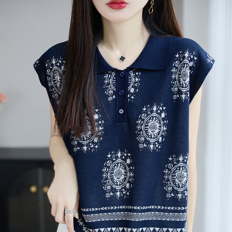 提花翻领无袖上衣宽松背心女2025新款洋气小个子薄款冰丝针织短袖