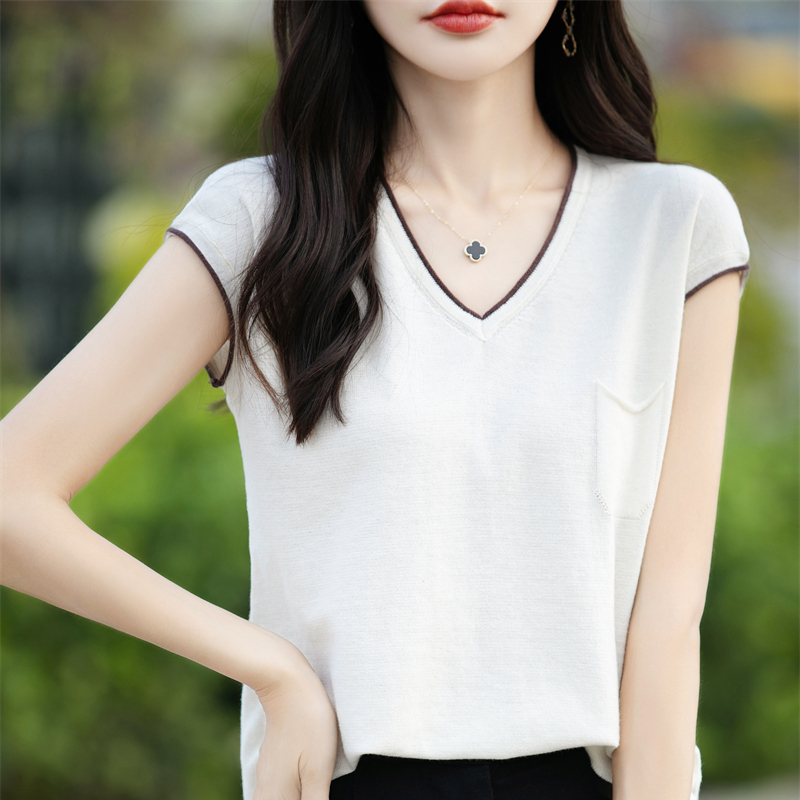 100%纯棉线针织短袖t恤女夏季薄款V领上衣打底百搭宽松包肩袖女装