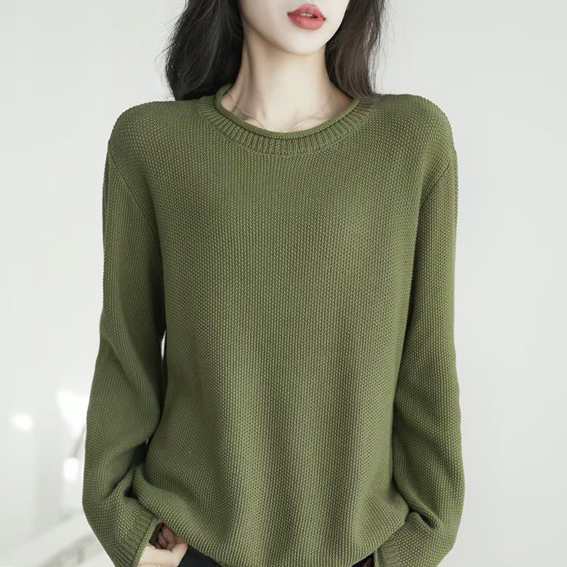 圆领纯棉宽松慵懒风毛衣女外套秋季显瘦打底衫长袖针织上衣百搭