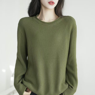 针织上衣百搭 长袖 圆领纯棉宽松慵懒风毛衣女外套秋季 显瘦打底衫