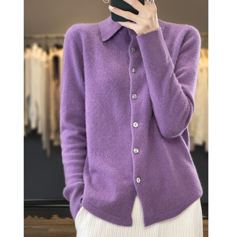 POLO领羊绒长袖针织开衫女
