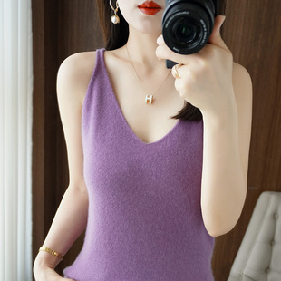 春秋新款羊毛吊带背心女秋冬内搭西服白色针织性格V领短款打底衫