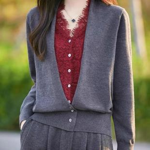 设计感蕾丝拼接假两件针织开衫女短外套毛衣轻奢气质打底毛衫上衣