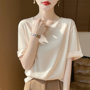 简约宽松圆领桑蚕丝背心上衣 新款 真丝短袖 t恤女夏季 醋酸缎面薄款