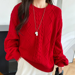 纯棉红色毛衣女重工麻花短款宽松加厚2025秋冬新款套头全棉针织衫