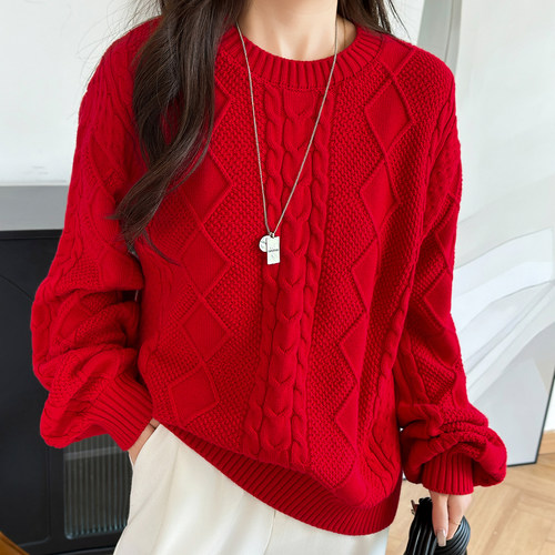 纯棉红色毛衣女重工麻花短款宽松加厚2025秋冬新款套头全棉针织衫