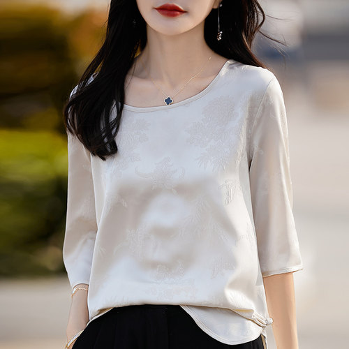 24新款夏季新中式中国风真丝提花衬衫女圆领中袖醋酸缎面宽松上衣