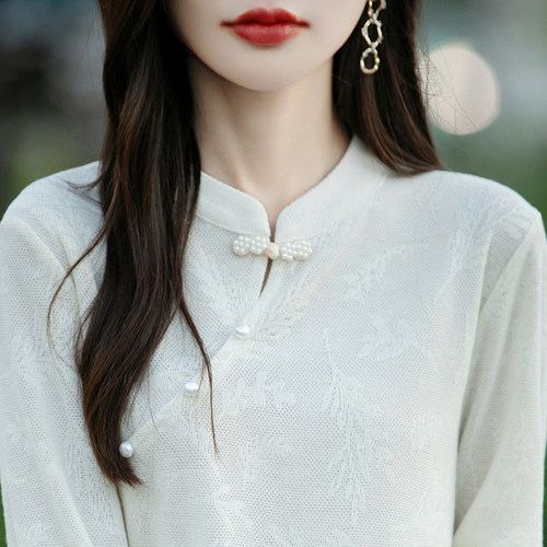 2025春秋新款国风盘扣毛衣女新中式气质旗袍领提花针织打底衫上衣