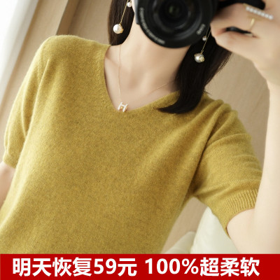 春秋新款V领羊毛短袖女针织衫外穿
