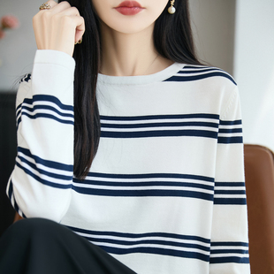 秋冬纯棉圆领条纹针织衫女士简约百搭长袖宽松显瘦毛衣打底衫上衣