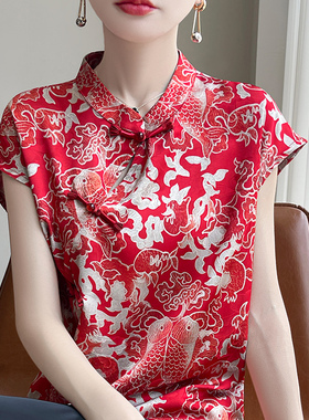 红色国风真丝上衣短袖夏季新款中式改良旗袍小衫立领盘扣衬衫女士