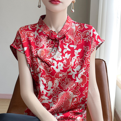 红色国风真丝上衣短袖夏季新款中式改良旗袍小衫立领盘扣衬衫女士