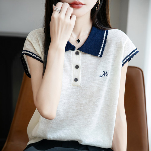 撞色翻领冰麻针织小飞袖T恤女2025夏薄Polo领上衣显瘦短袖t恤衫潮