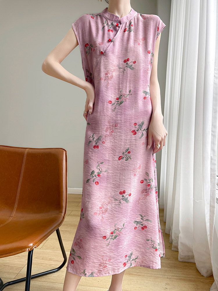 새로운 중국 스타일 국가 스타일 치파오 텐셀 코튼 드레스 느슨한 기질 여름 착용 2024 봄 새로운 중간 길이 스커트