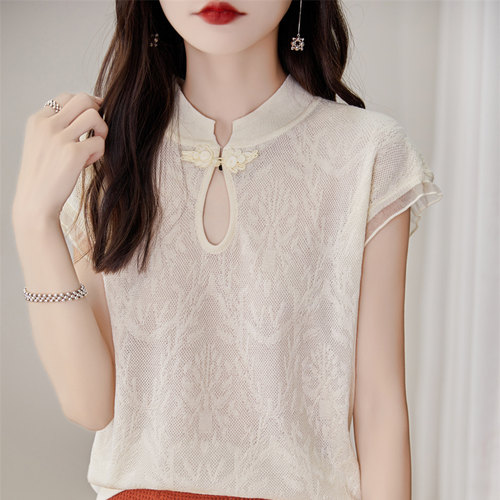 中国风盘扣提花冰丝衫2024夏季女款洋气减龄旗袍领气质针织上衣潮