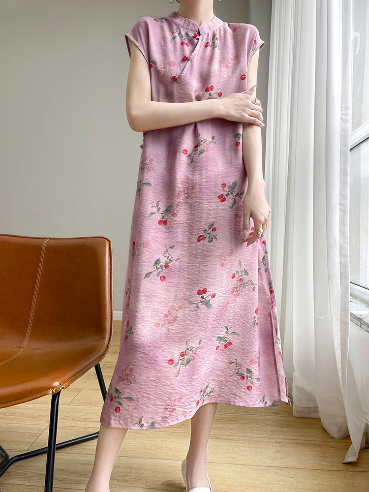 새로운 중국 스타일 국가 스타일 치파오 텐셀 코튼 드레스 느슨한 기질 여름 착용 2024 봄 새로운 중간 길이 스커트