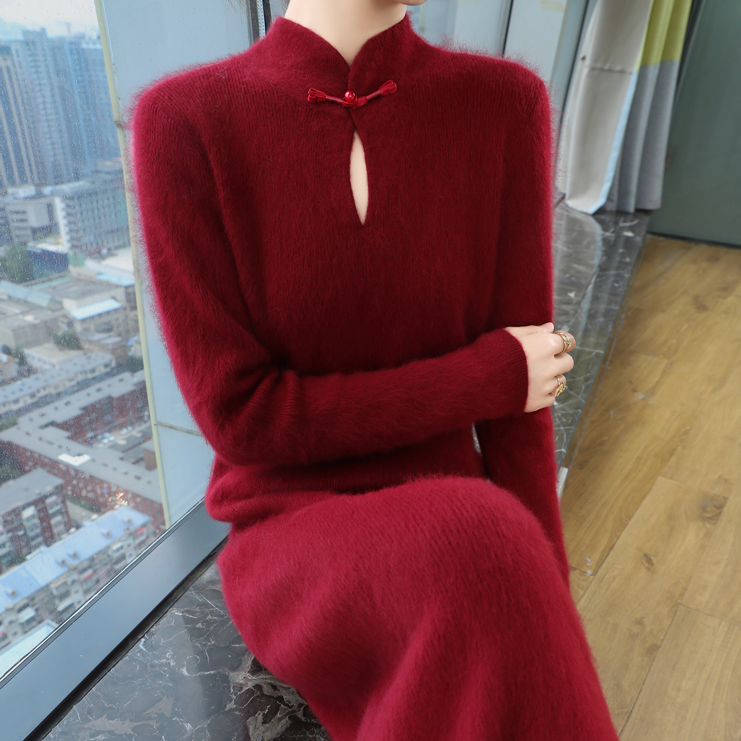 25秋冬新中式国风羊毛衫连衣裙女立领盘扣毛衣中长款过膝貂绒长裙