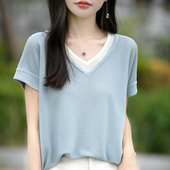 半袖 24夏季 宽松休闲天丝拼色T恤韩版 假两件V领短袖 打底上衣薄 新款