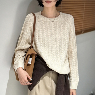韩版显瘦麻花宽松套头圆领针织衫女百搭软糯毛衣松弛感打底衫上衣