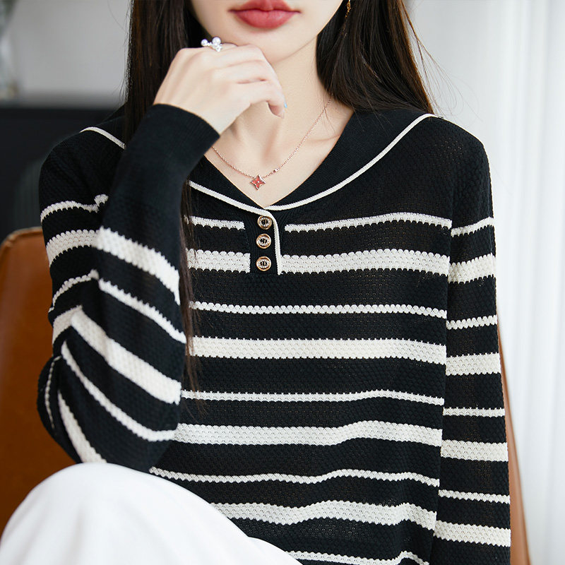 春季新款海军领条纹针织打底衫女宽松内搭显瘦冰丝薄款长袖上衣
