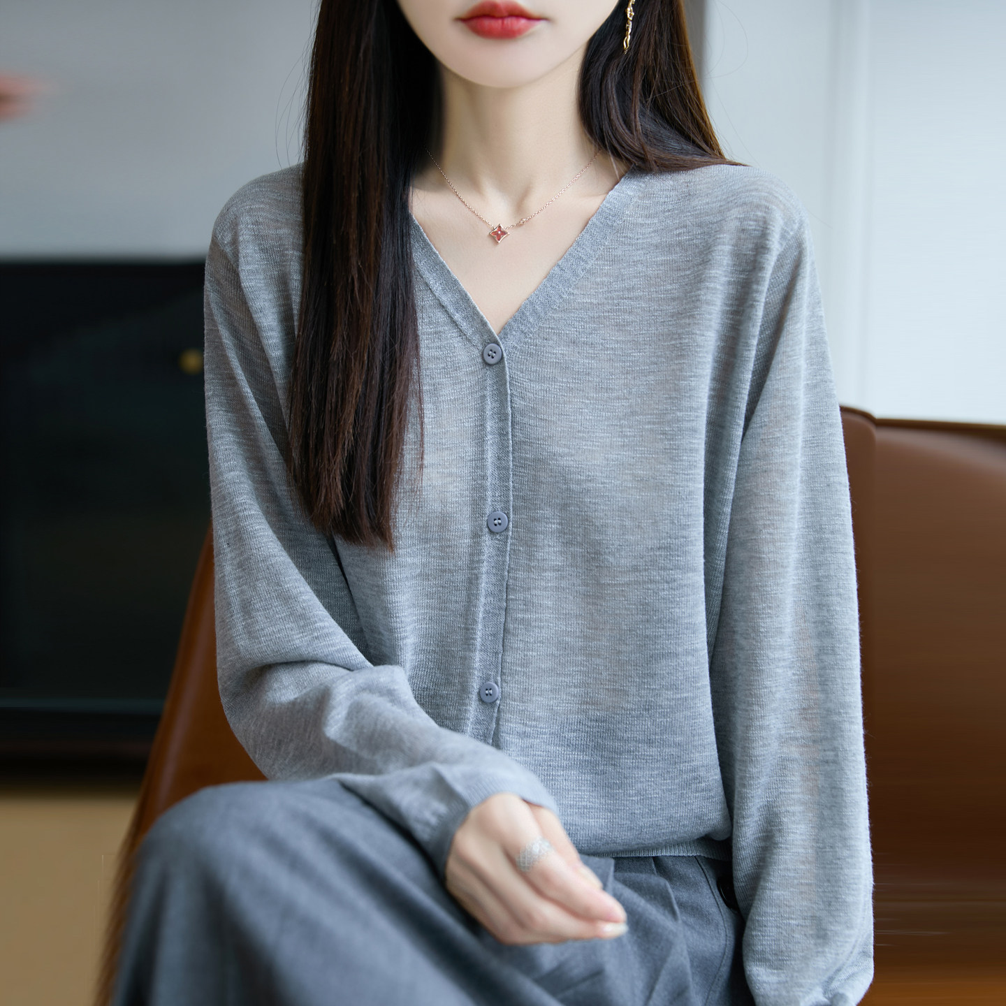 夏季竹节麻v领针织开衫女外套纯色长袖打底衫薄款空调防晒衫上衣