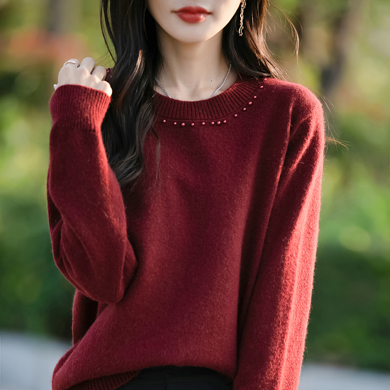 2024冬季新100纯羊绒衫女软糯保暖钉珠羊毛打底衫套头加厚保暖衫