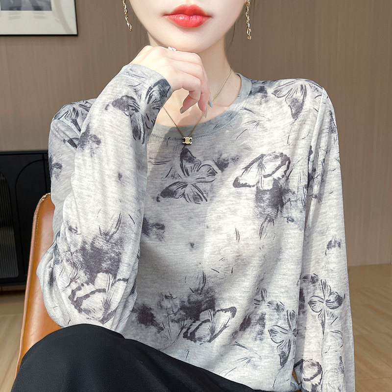 水墨画薄款长袖T恤女2025新款宽松冰丝薄款针织吊带上衣春夏防晒