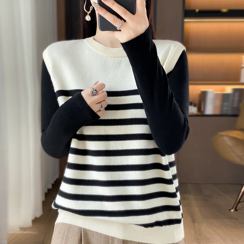 早秋无袖羊绒针织条纹背心女时尚外穿宽松减龄毛背心毛衣小马夹韩