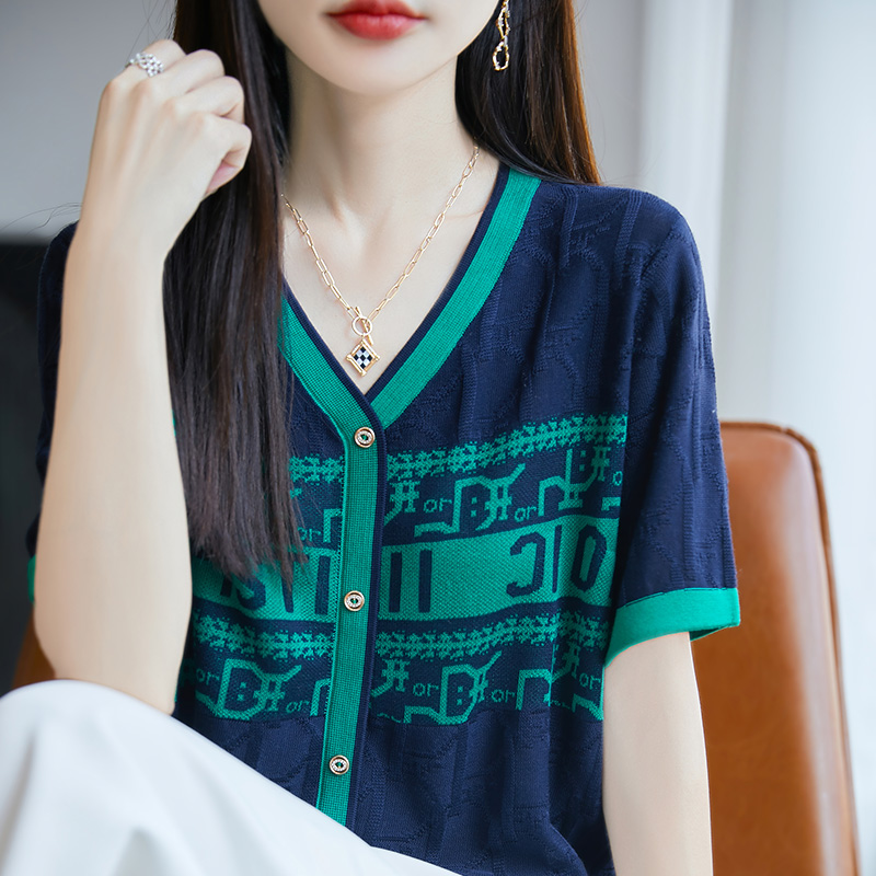 夏季v领撞色莱塞尔天丝针织短袖t恤女宽松显瘦半袖打底衫提花套头
