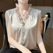 新款 小香风木耳边无袖 衬衫 2025秋季 女休闲质感缎面V领打底衫 背心