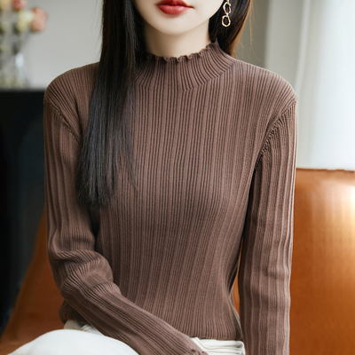 纯棉针织打底衫2025秋冬新款针织内搭半高领木耳边法式内搭毛衣