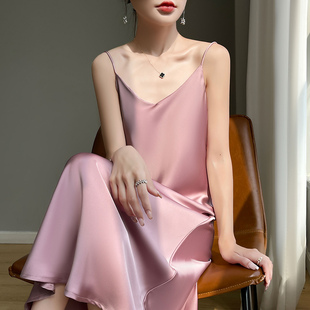 高级感醋酸缎面长裙真丝吊带裙子V领西装打底裙夏季光泽感连衣裙