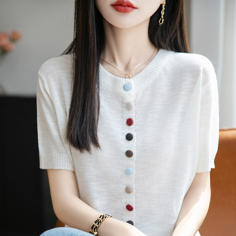 小清新彩扣针织短袖开衫T恤女2025年夏季薄款透气短外搭小衫上衣