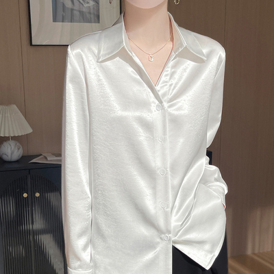 2025新款法式POLP领丝滑垂坠缎面衬衫女气质翻领宽松洋气打底衬衣