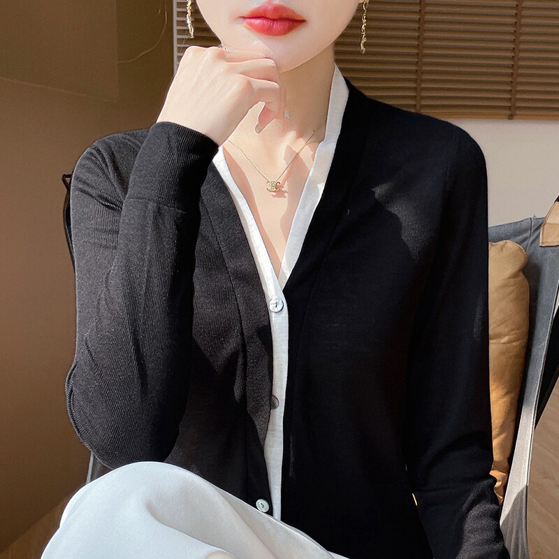 2025春季新款气质法式撞色V领假两件开衫女宽松薄款针织外套上衣