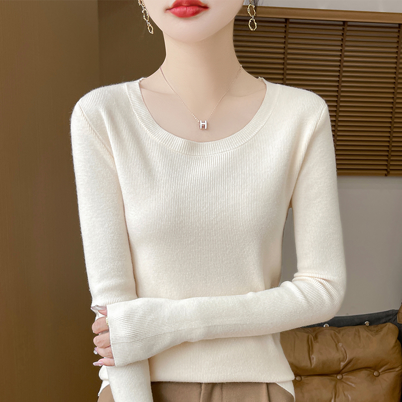 法式百搭圆领羊毛针织衫女套头长袖保暖修身2024冬季新款羊绒毛衣